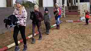 Die Kinder haben Spaß beim Hobby Horsing mit Steckenpferden.