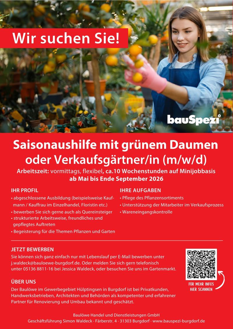 Baulöwe Gartenmarkt Saisonaushilfe