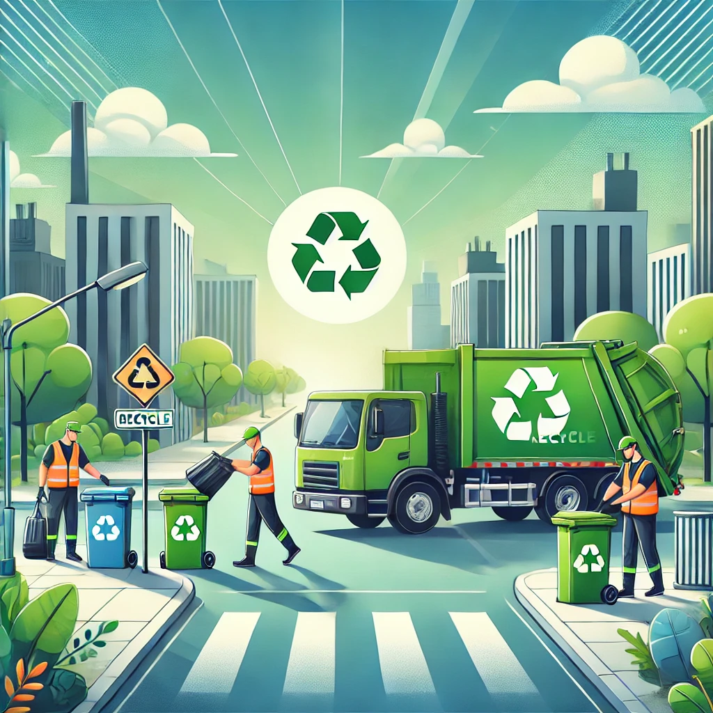 DALL·E 2024-12-15 10.24.42 - A vibrant and clean symbolic representation of a waste collection service. The scene features a modern garbage truck in green and white with recycling