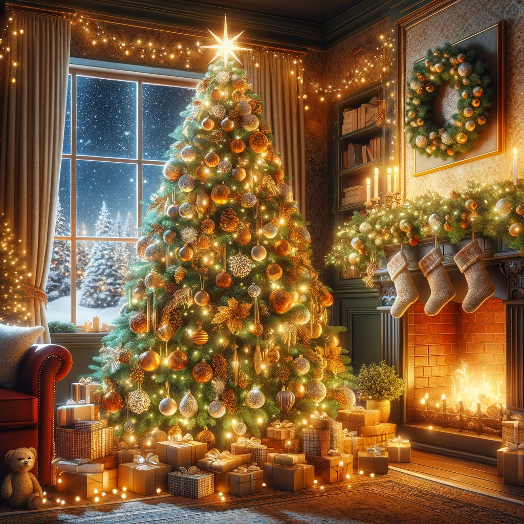 DALL·E 2025-01-11 17.08.00 - A beautifully decorated Christmas tree in a cozy living room setting. The tree is tall and lush, adorned with sparkling ornaments, golden garlands, an