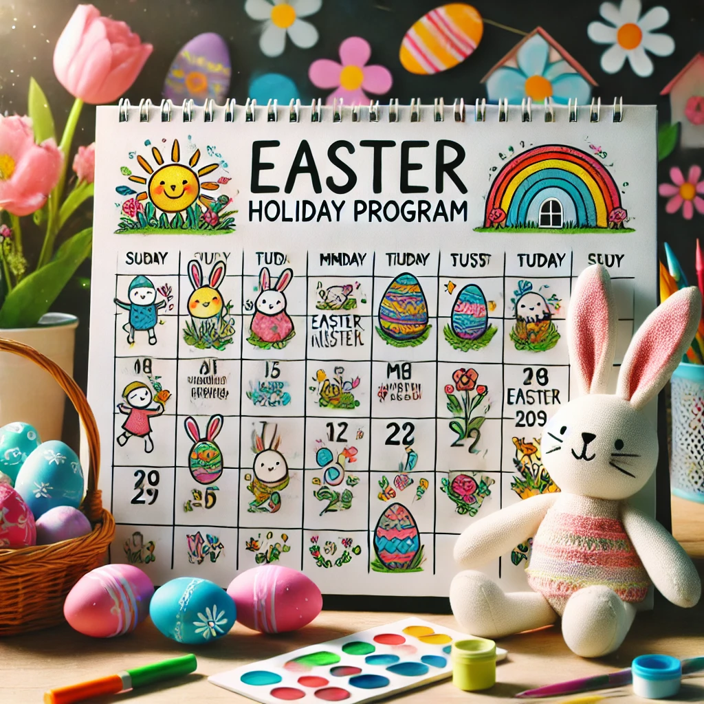 DALL·E 2025-01-11 17.12.54 - A symbolic illustration of an Easter holiday program calendar. The scene features a colorful calendar on a desk with vibrant Easter-themed decorations