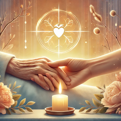DALL·E 2025-01-18 16.59.34 - A symbolic and serene illustration representing end-of-life care (Sterbebegleitung). The image features a warm and tranquil setting with a gentle gold