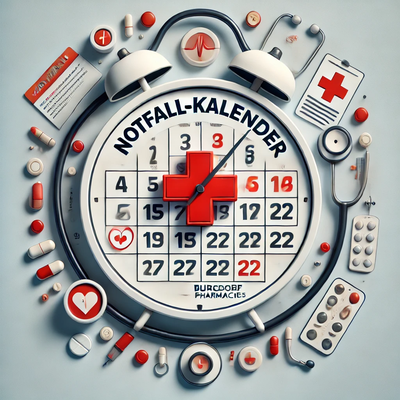 DALL·E 2025-01-22 11.32.45 - A symbolic image for a 'Notfall-Kalender' provided by Burgdorf pharmacies. The image features a modern calendar with red highlighted emergency dates,