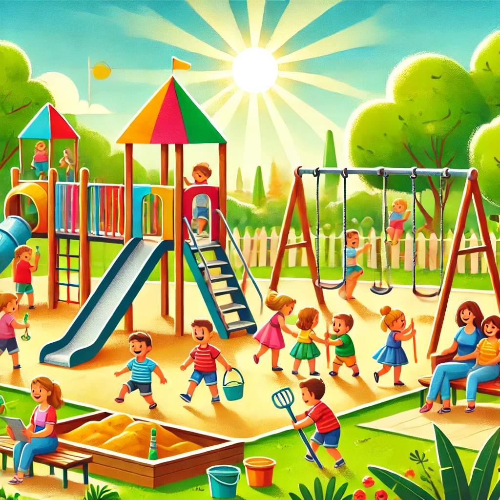 DALL·E 2025-01-25 17.59.37 - A vibrant and cheerful scene of a children's playground on a sunny day, featuring colorful slides, swings, climbing frames, and a sandbox. Children ar