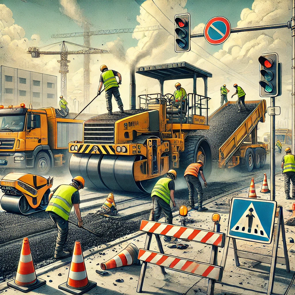 DALL·E 2025-02-03 12.52.06 - A detailed illustration of a road construction scene. Workers in bright safety vests and helmets are actively paving a road with heavy machinery, incl