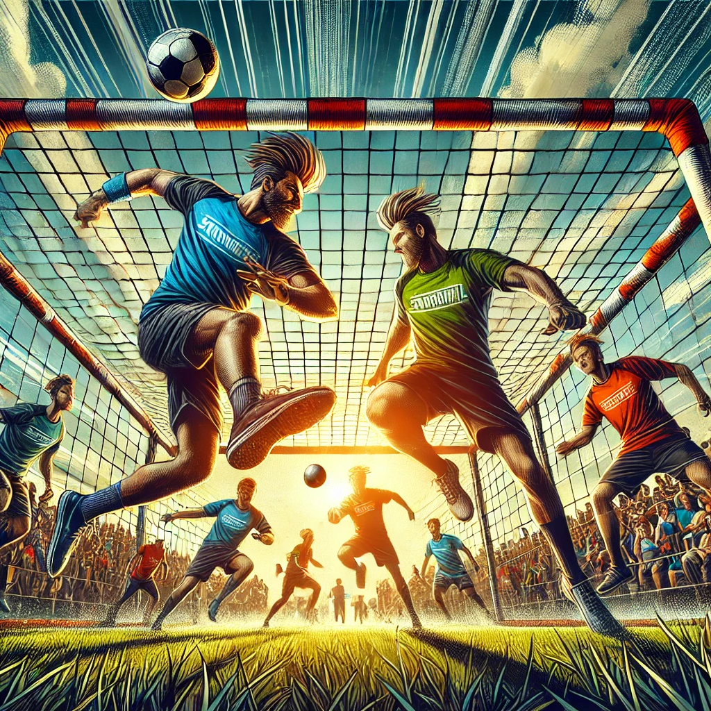 DALL·E 2025-02-22 17.33.44 - A dynamic and energetic scene of a fistball tournament. The image features players in action on a grass field, leaping and striking the ball with thei