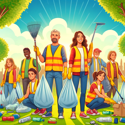 DALL·E 2025-03-05 12.23.28 - A vibrant illustration of a public cleanup event in a park. Volunteers of diverse ages and backgrounds are wearing gloves and bright safety vests, usi