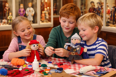 Kinder basteln Puppen im Museum