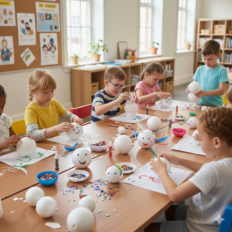 Kinder basteln Schaumkopf-Puppenköpfe
